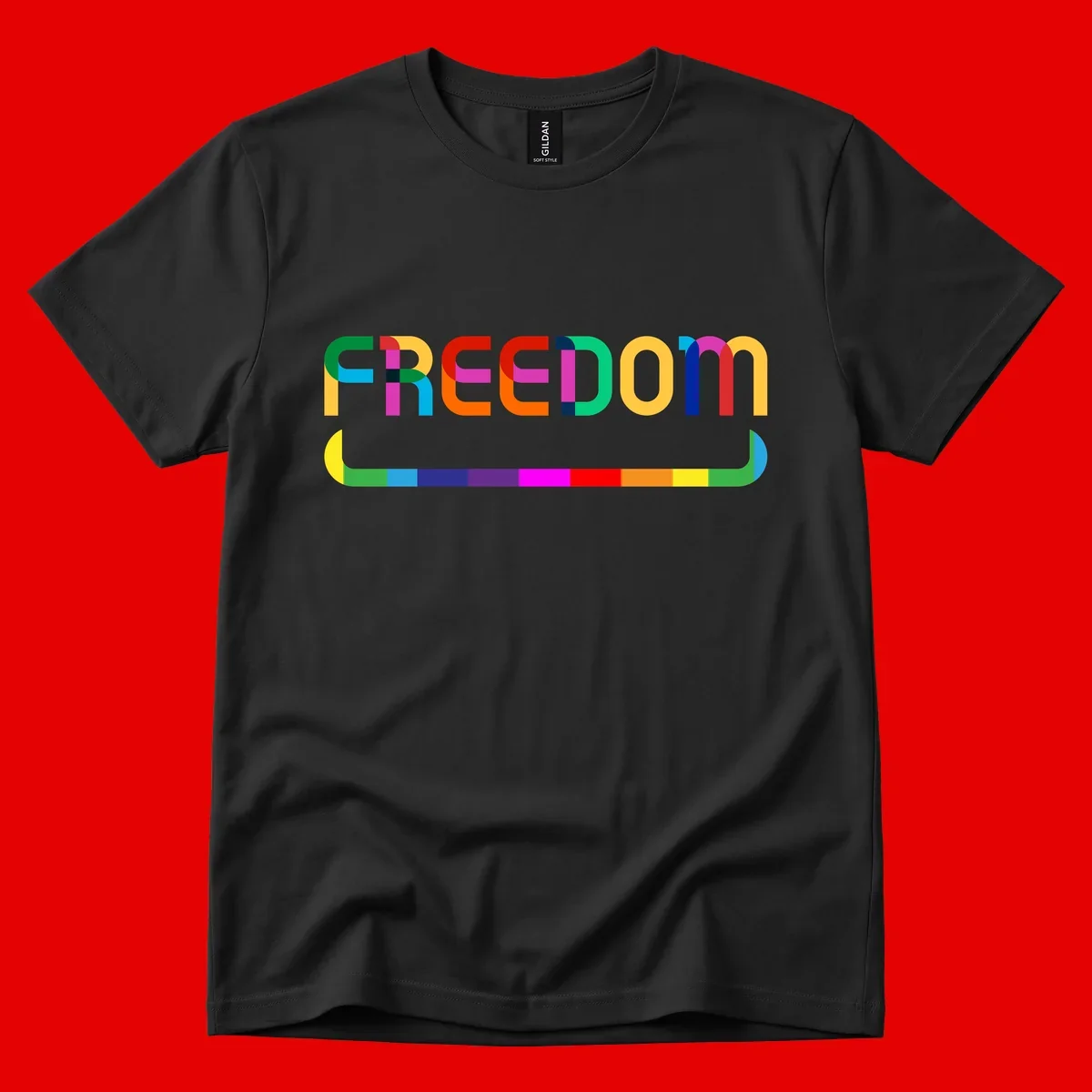 Colorful FREEDOM text in rainbow letters with geometric shapes and pride flag color bar below on gray background