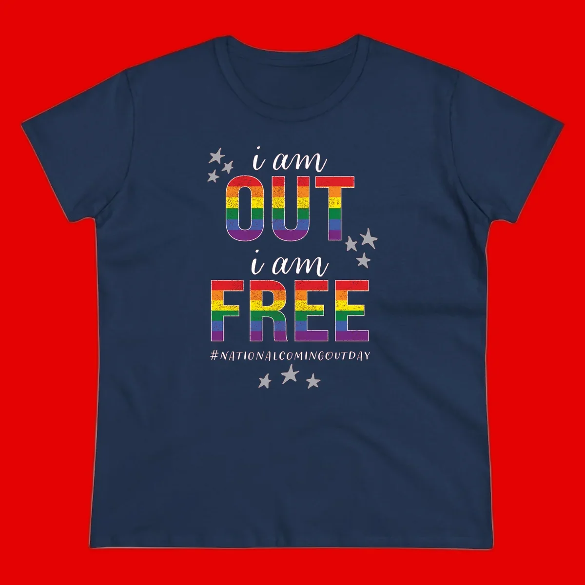 Rainbow-striped letters spelling 'i am OUT i am FREE' with decorative stars on gray background celebrating National Coming Out Day pride.