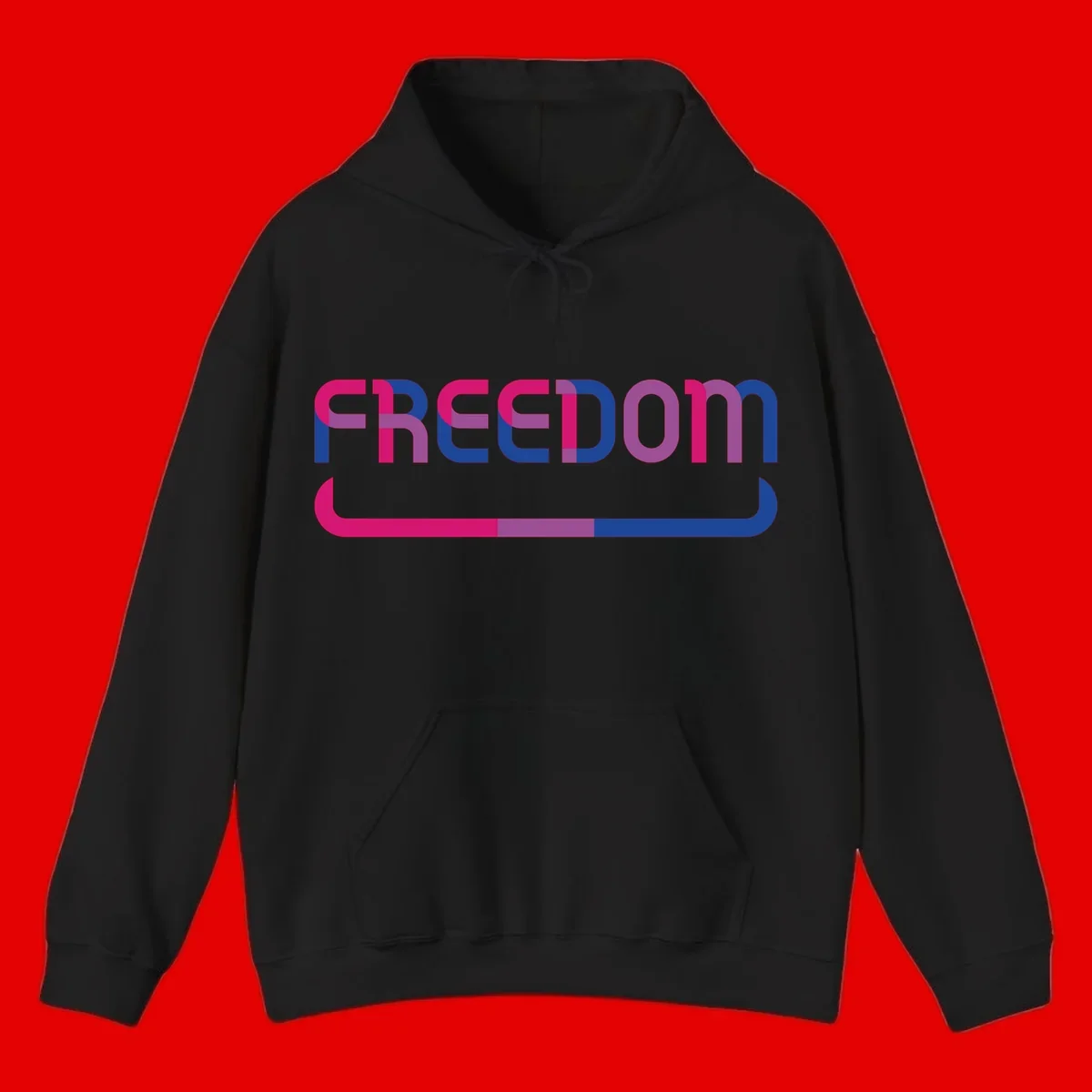 Freedom On Pride design: Bold magenta and purple 'FREEDOM' text with curved gradient underline transitioning from pink through purple to blue