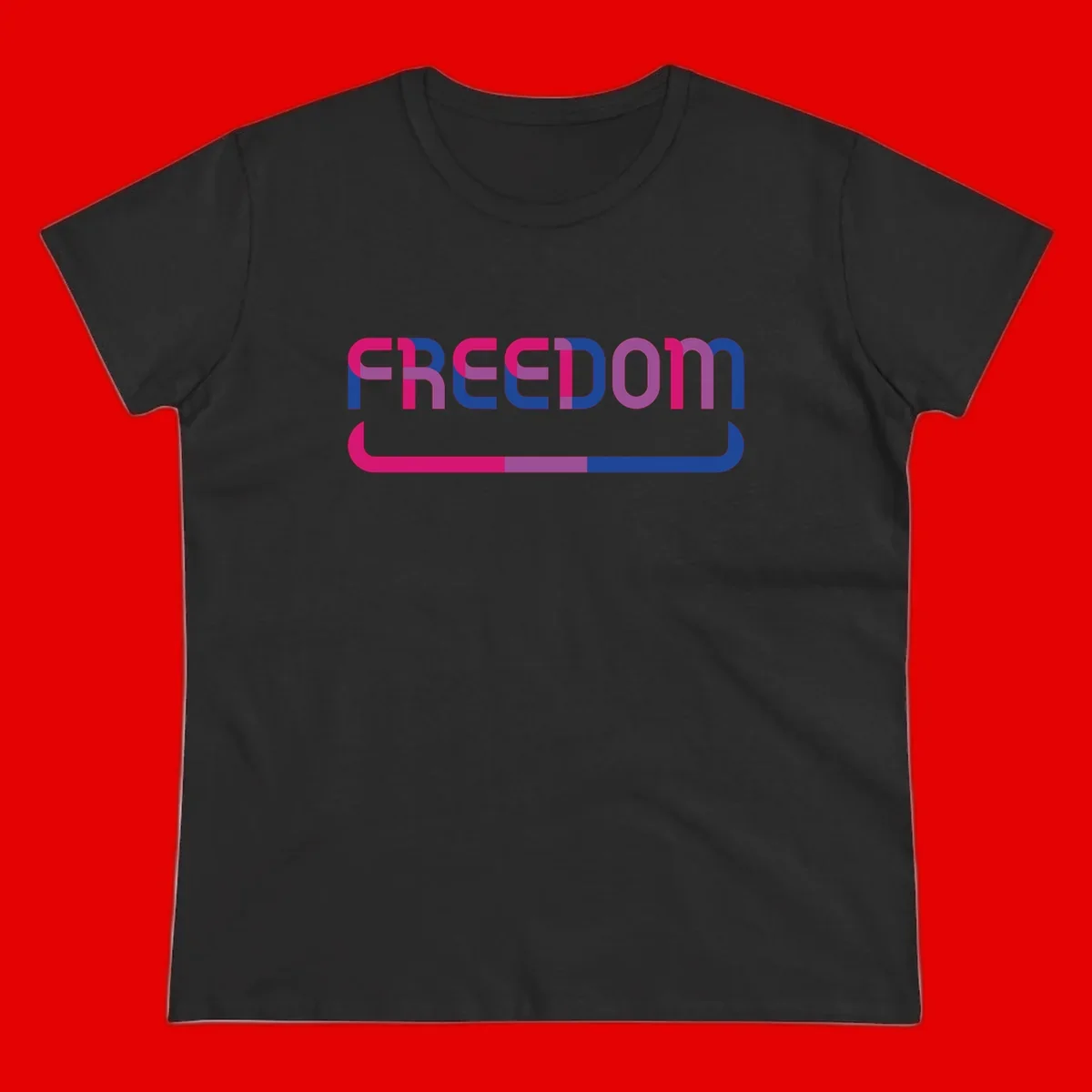 Freedom On Pride design: Bold magenta and purple 'FREEDOM' text with curved gradient underline transitioning from pink through purple to blue