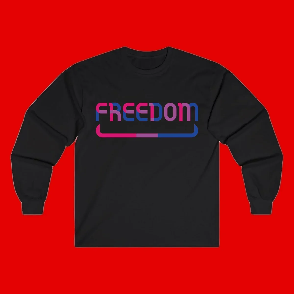 Freedom On Pride design: Bold magenta and purple 'FREEDOM' text with curved gradient underline transitioning from pink through purple to blue