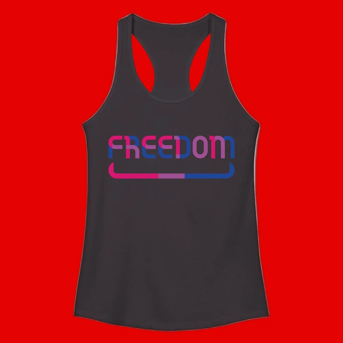 Freedom On Pride design: Bold magenta and purple 'FREEDOM' text with curved gradient underline transitioning from pink through purple to blue