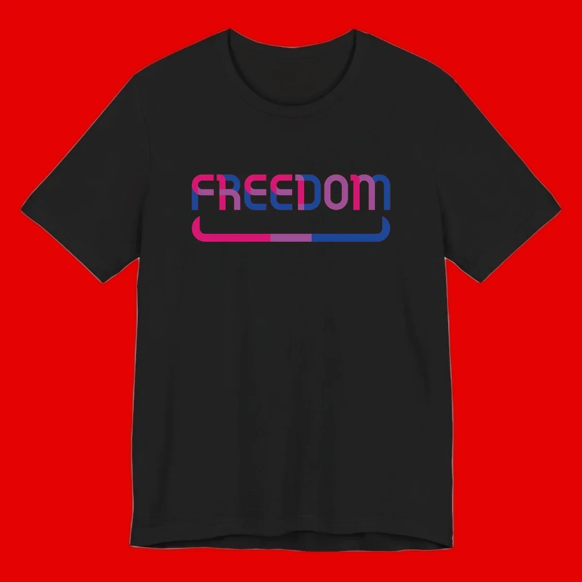 Freedom On Pride design: Bold magenta and purple 'FREEDOM' text with curved gradient underline transitioning from pink through purple to blue