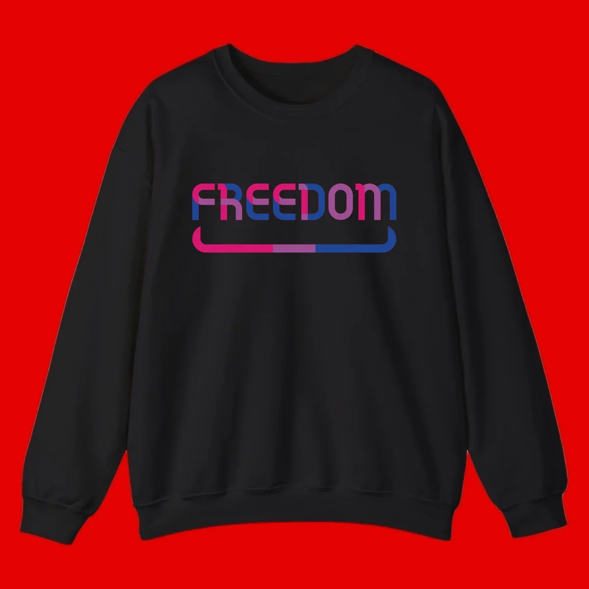 Freedom On Pride design: Bold magenta and purple 'FREEDOM' text with curved gradient underline transitioning from pink through purple to blue
