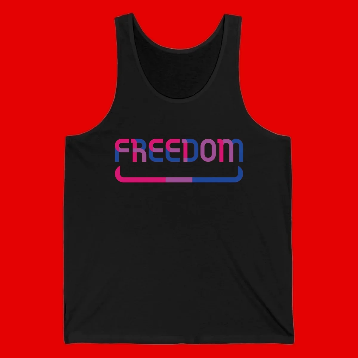 Freedom On Pride design: Bold magenta and purple 'FREEDOM' text with curved gradient underline transitioning from pink through purple to blue