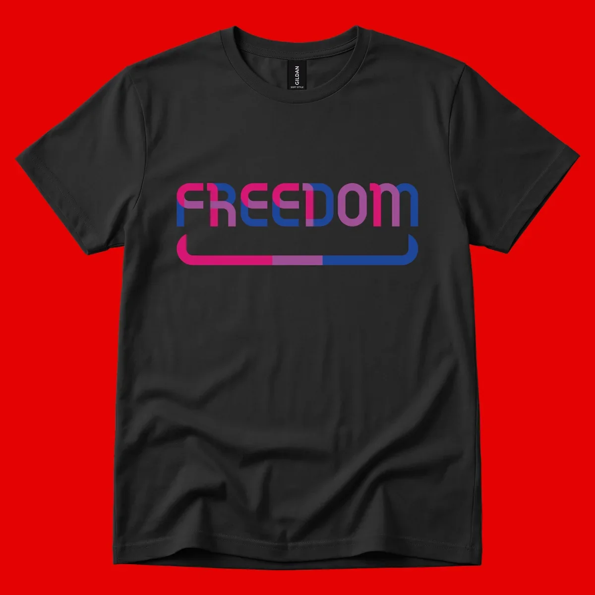 Freedom On Pride design: Bold magenta and purple 'FREEDOM' text with curved gradient underline transitioning from pink through purple to blue