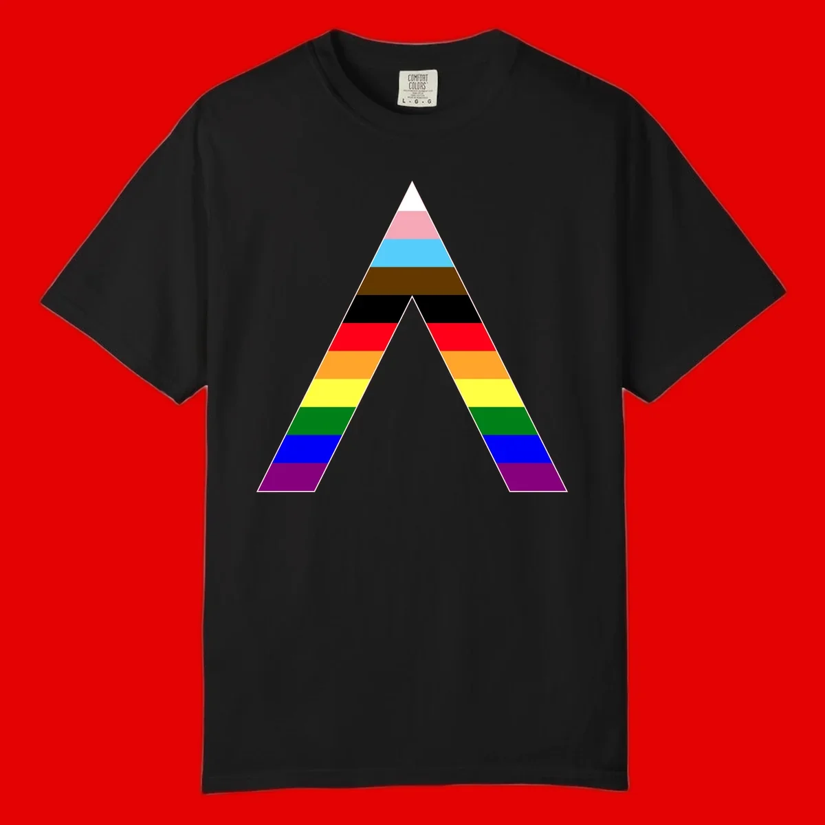 Rainbow pride pyramid with horizontal stripes in traditional pride colors and nested triangle cutout design