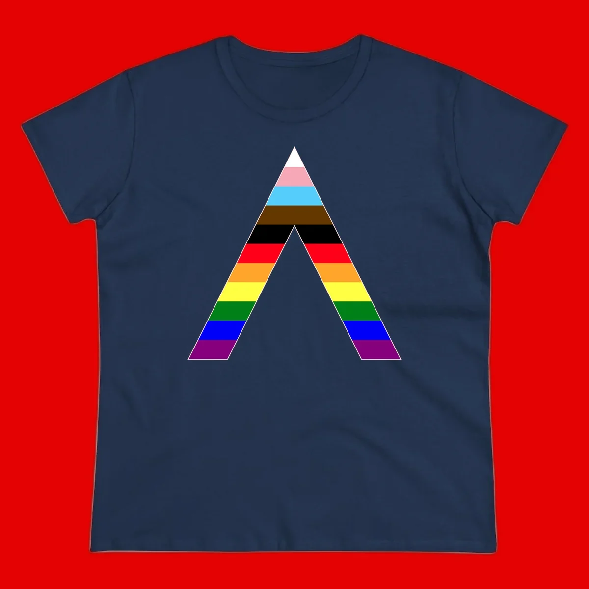 Rainbow pride pyramid with horizontal stripes in traditional pride colors and nested triangle cutout design