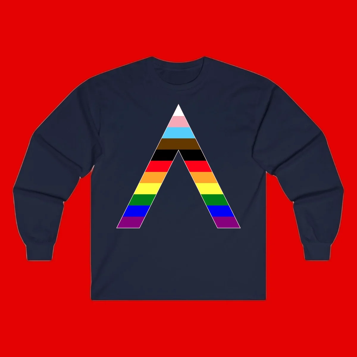 Rainbow pride pyramid with horizontal stripes in traditional pride colors and nested triangle cutout design