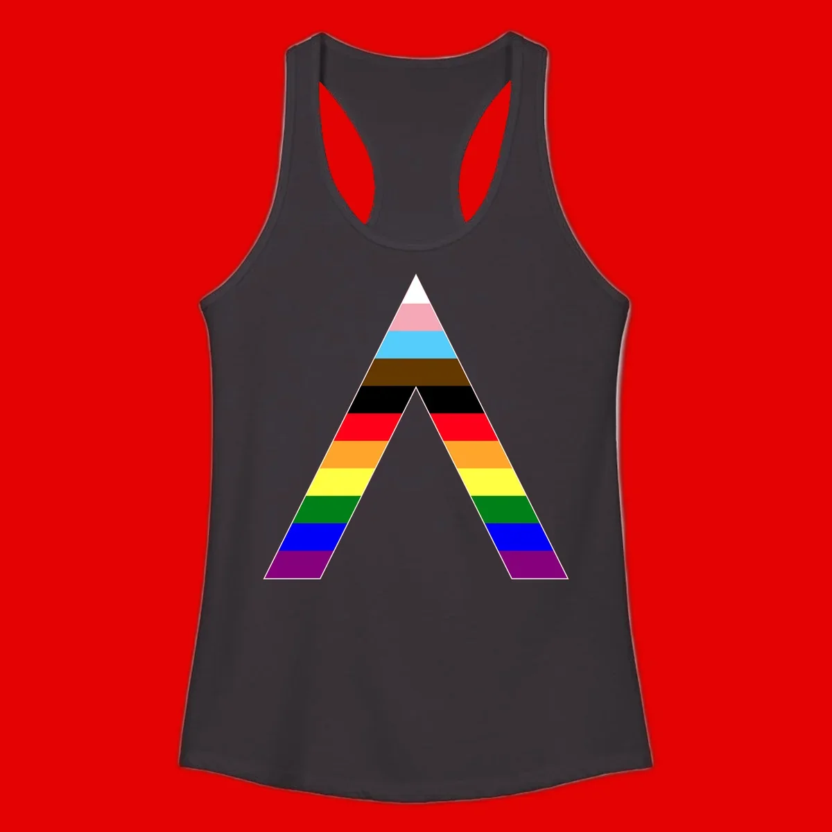 Rainbow pride pyramid with horizontal stripes in traditional pride colors and nested triangle cutout design