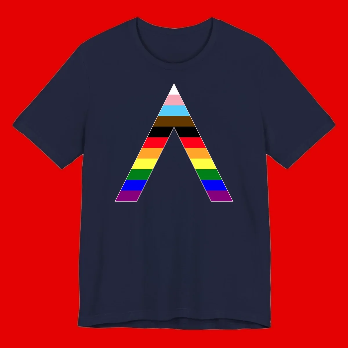 Rainbow pride pyramid with horizontal stripes in traditional pride colors and nested triangle cutout design