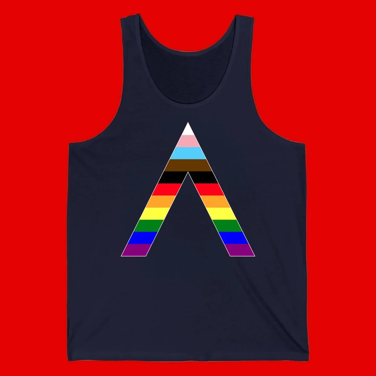 Rainbow pride pyramid with horizontal stripes in traditional pride colors and nested triangle cutout design