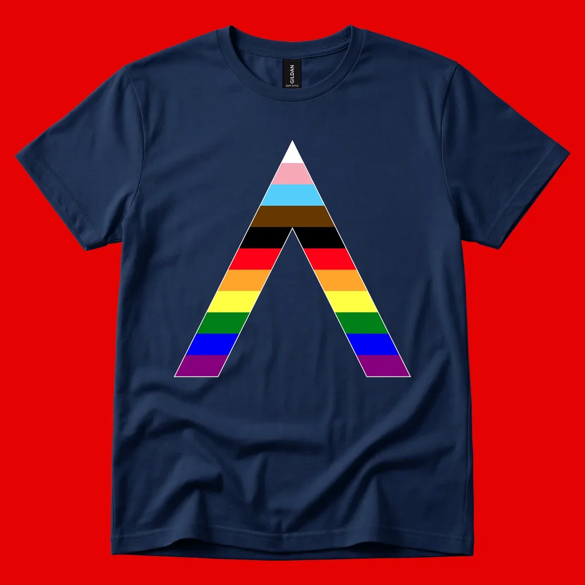 Rainbow pride pyramid with horizontal stripes in traditional pride colors and nested triangle cutout design