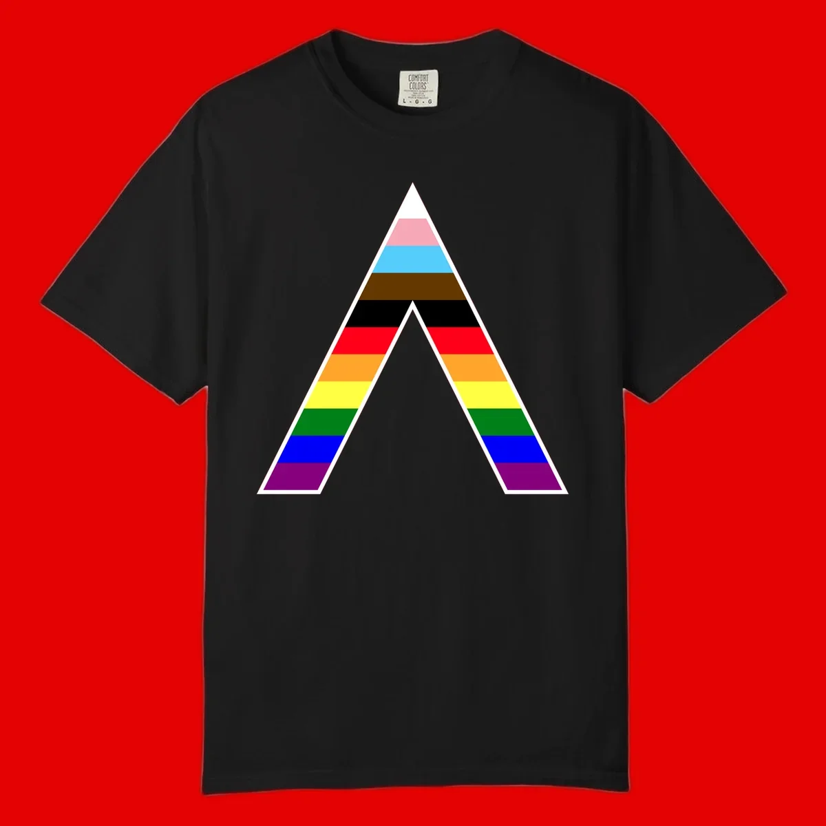 Geometric rainbow pride pyramid with horizontal color stripes and nested triangle cutout design