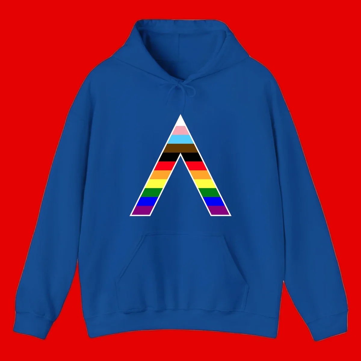 Geometric rainbow pride pyramid with horizontal color stripes and nested triangle cutout design