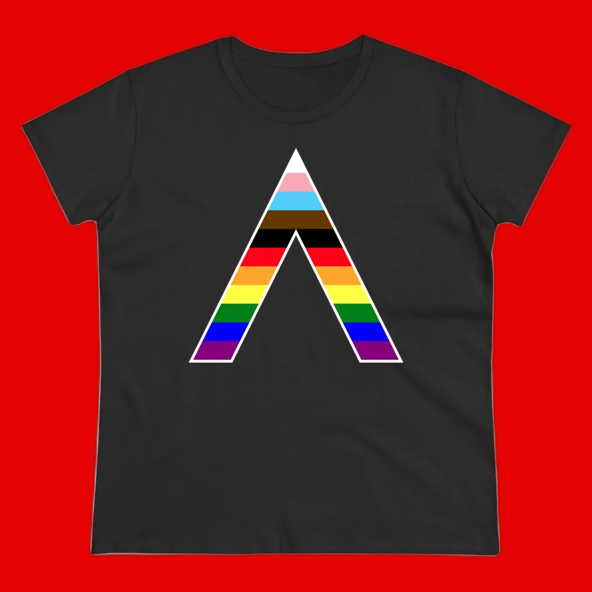 Geometric rainbow pride pyramid with horizontal color stripes and nested triangle cutout design