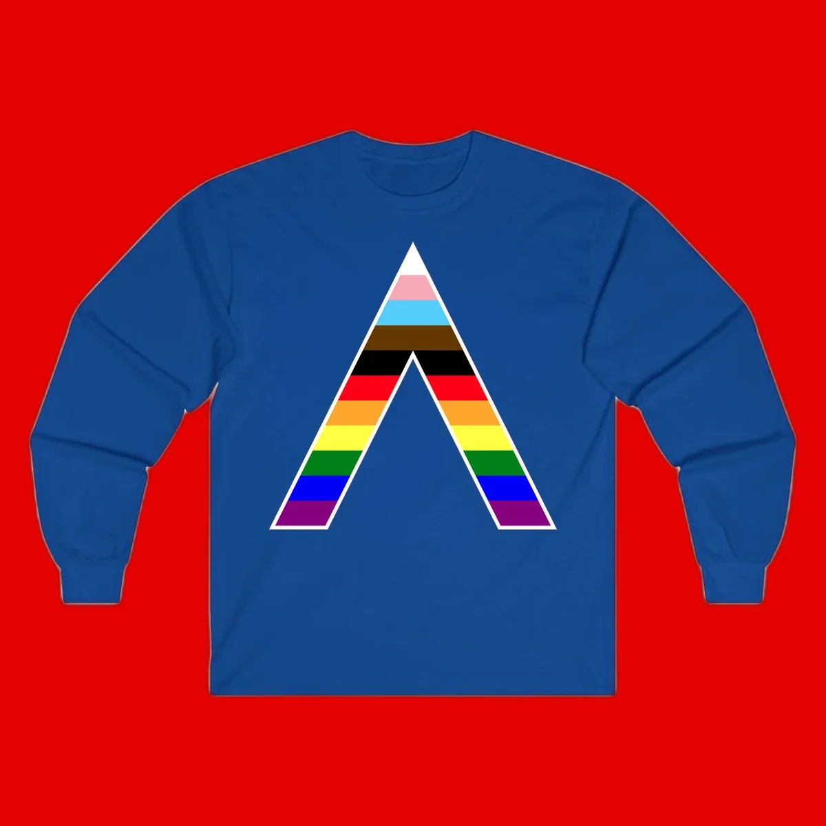 Geometric rainbow pride pyramid with horizontal color stripes and nested triangle cutout design