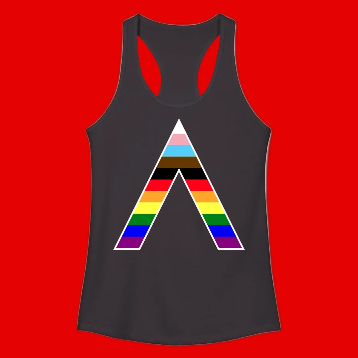 Geometric rainbow pride pyramid with horizontal color stripes and nested triangle cutout design