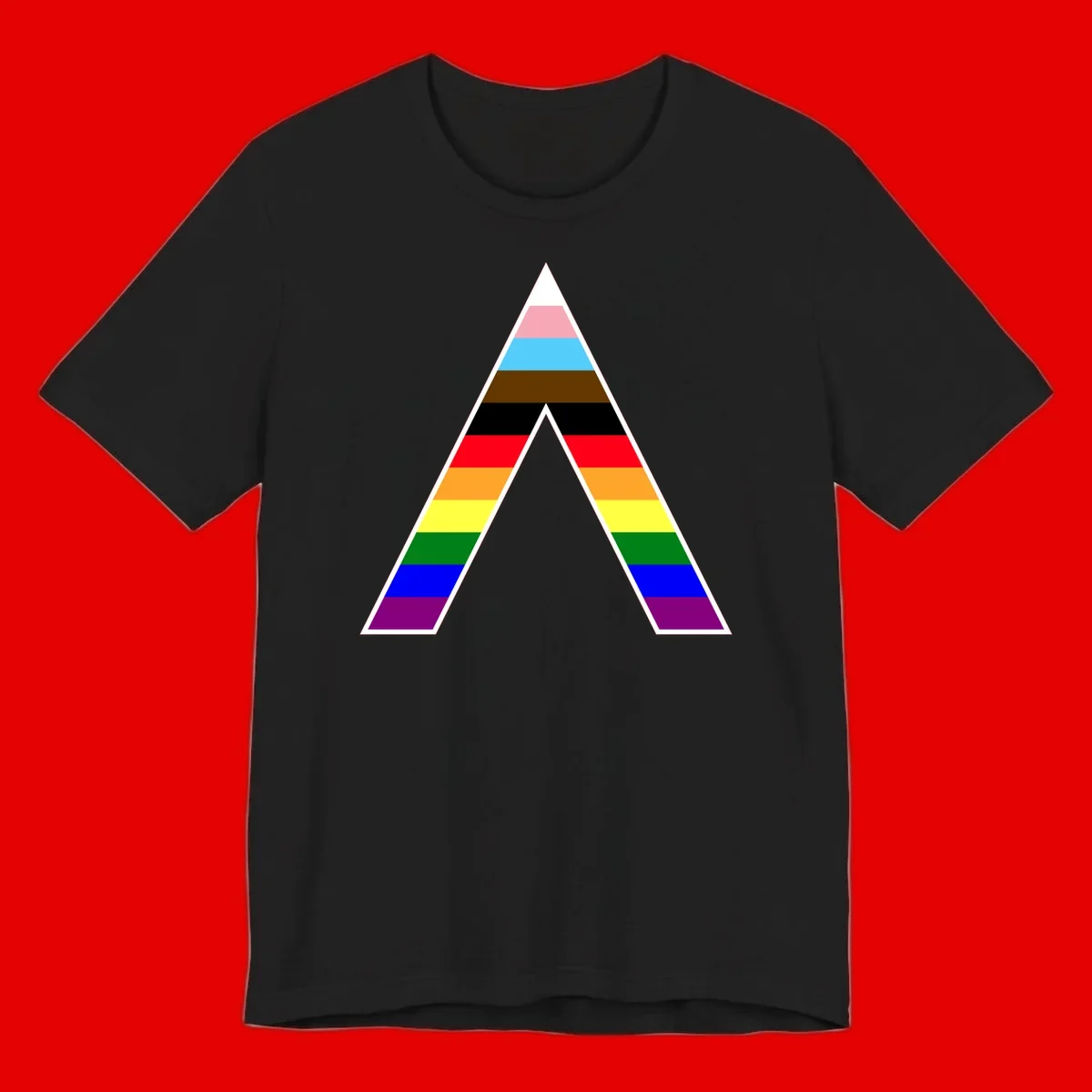 Geometric rainbow pride pyramid with horizontal color stripes and nested triangle cutout design