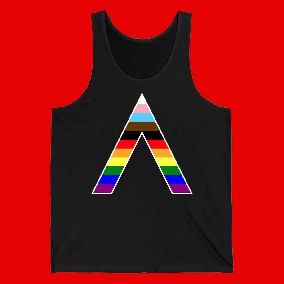 Geometric rainbow pride pyramid with horizontal color stripes and nested triangle cutout design