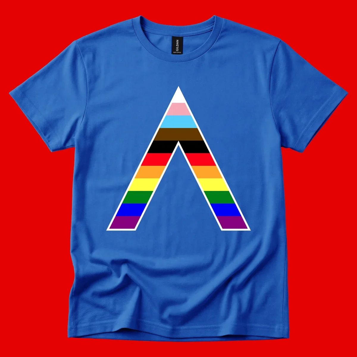 Geometric rainbow pride pyramid with horizontal color stripes and nested triangle cutout design