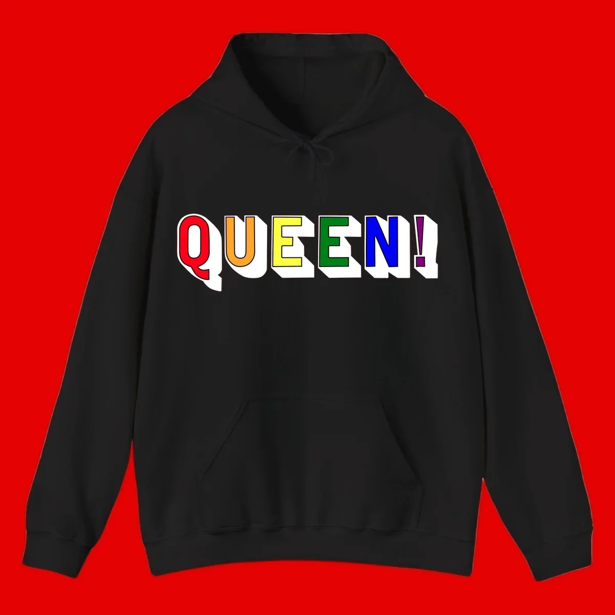 Rainbow-queen-pride design: colorful letters spelling QUEEN! in red, orange, yellow, green, blue, and purple with 3D shadow effect