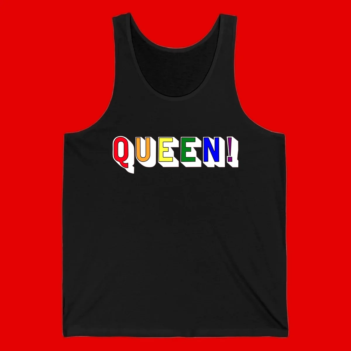 Rainbow-queen-pride design: colorful letters spelling QUEEN! in red, orange, yellow, green, blue, and purple with 3D shadow effect