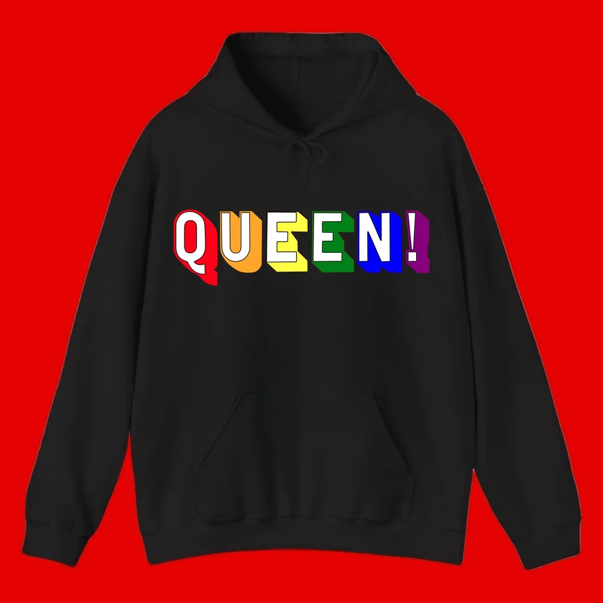 Colorful rainbow typography spelling QUEEN! with each letter in red, orange, yellow, green, blue, and purple on gray background