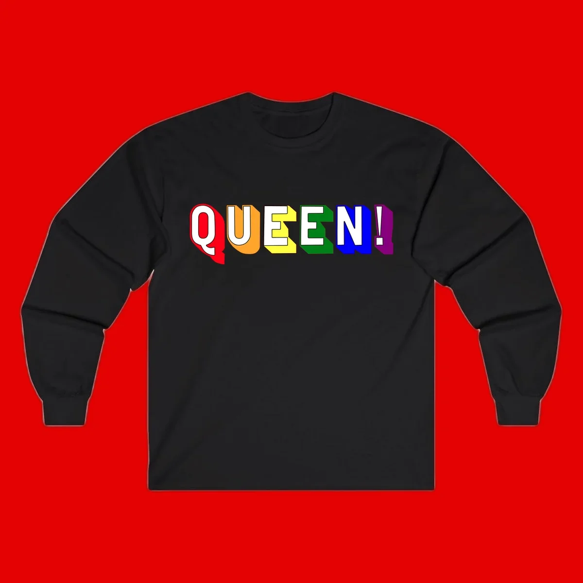 Colorful rainbow typography spelling QUEEN! with each letter in red, orange, yellow, green, blue, and purple on gray background