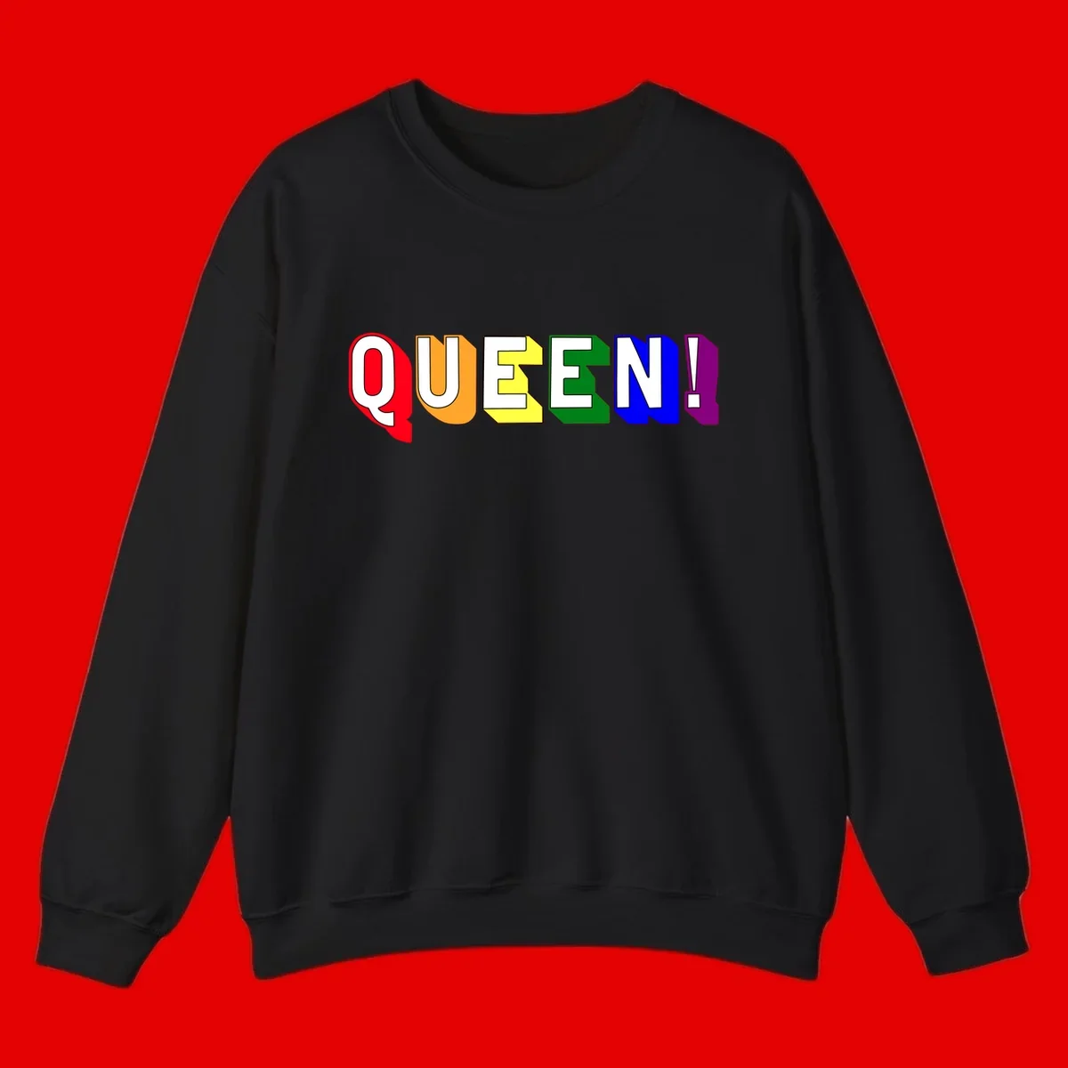 Colorful rainbow typography spelling QUEEN! with each letter in red, orange, yellow, green, blue, and purple on gray background