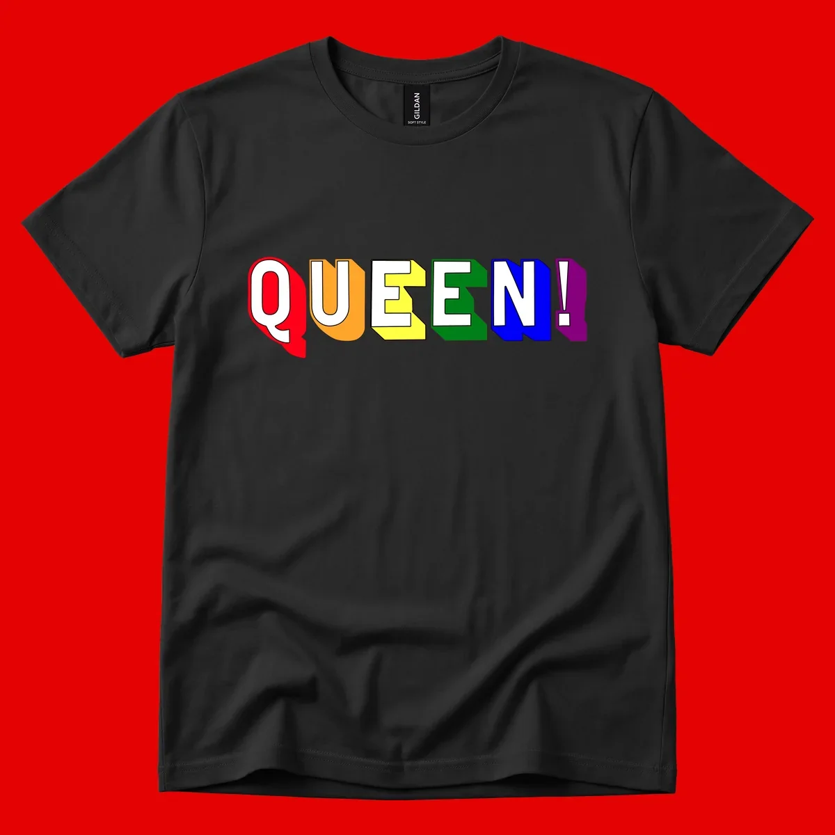 Colorful rainbow typography spelling QUEEN! with each letter in red, orange, yellow, green, blue, and purple on gray background