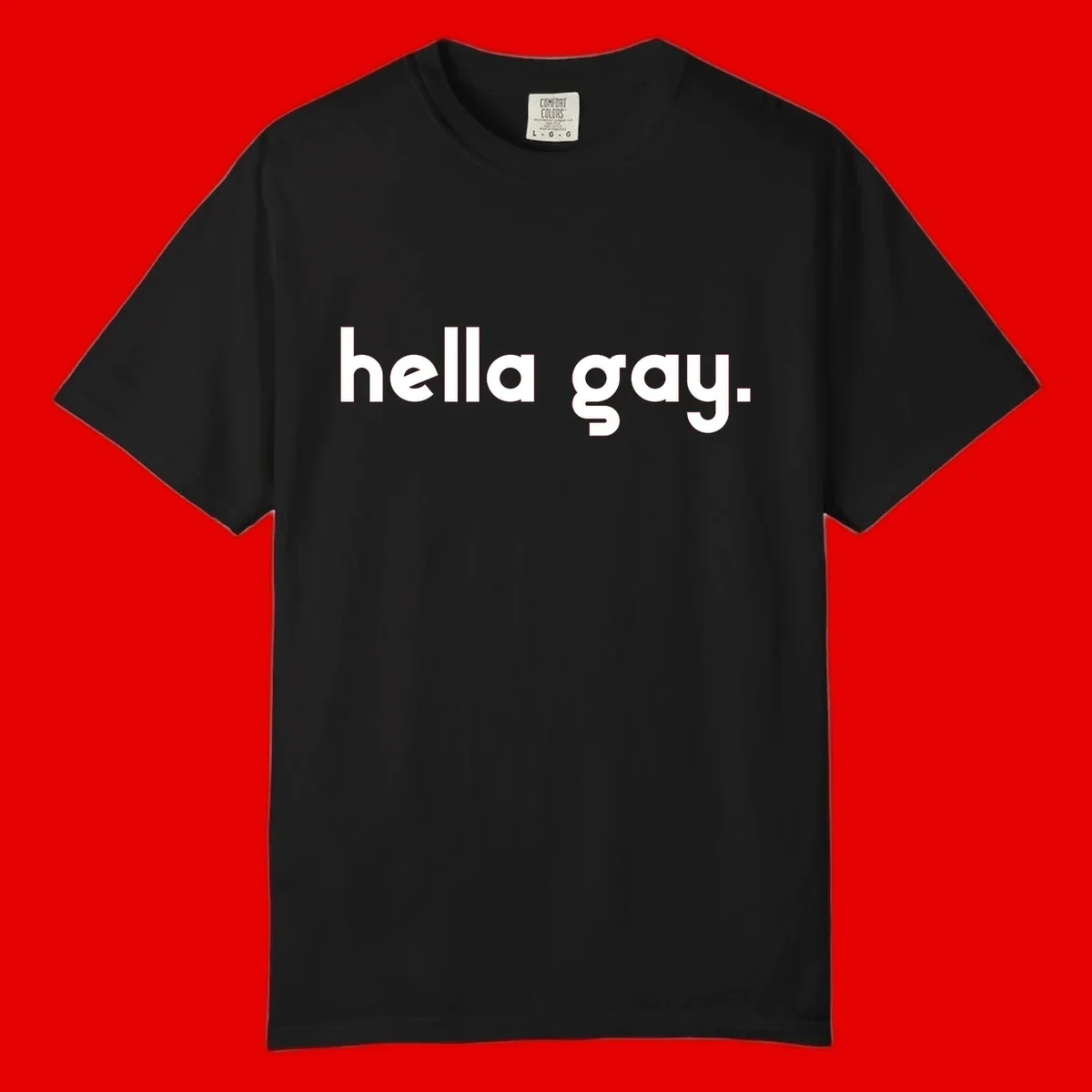 Minimalist hella gay pride design with bold white text on gray background