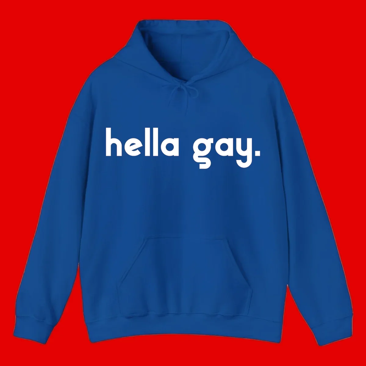 Minimalist hella gay pride design with bold white text on gray background