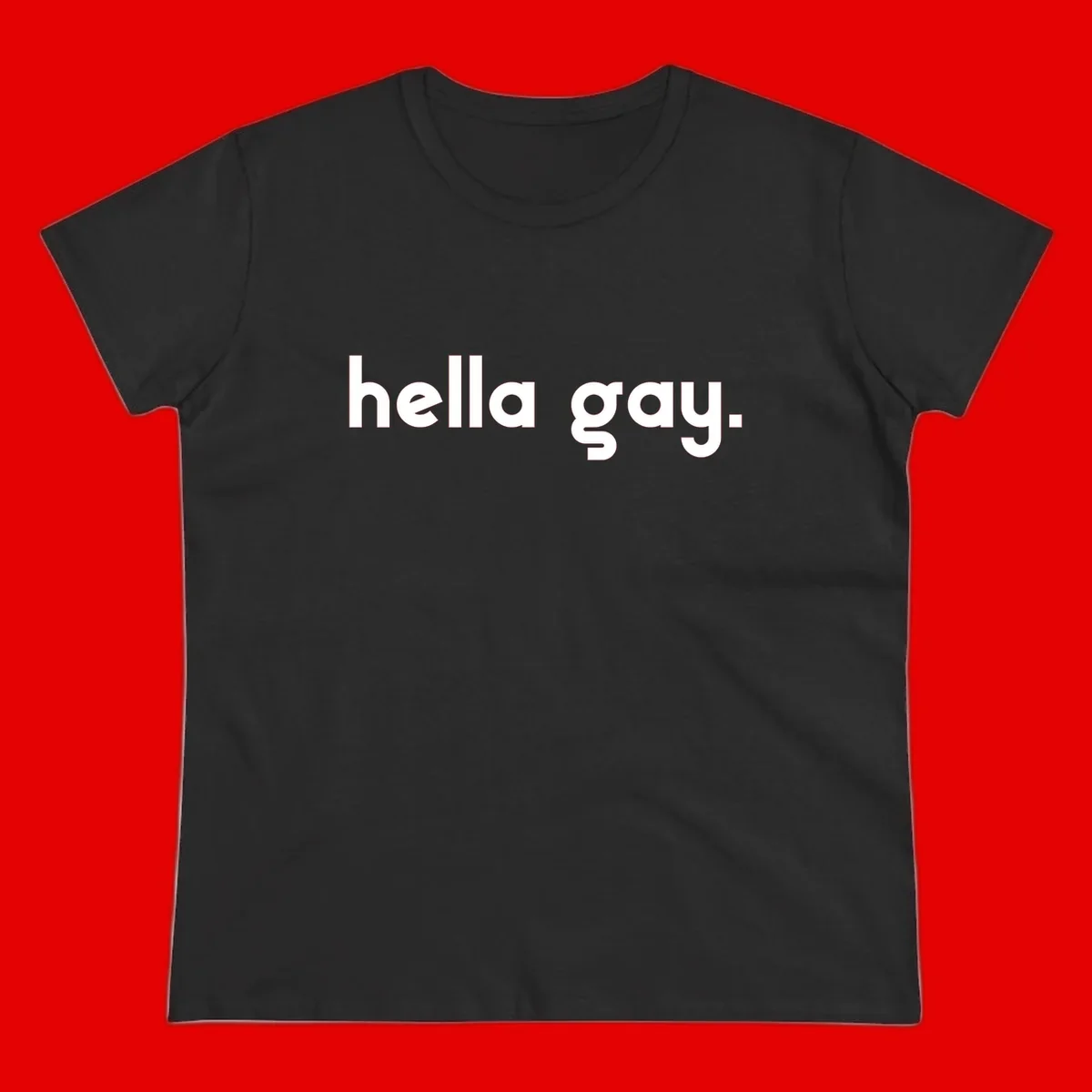 Minimalist hella gay pride design with bold white text on gray background