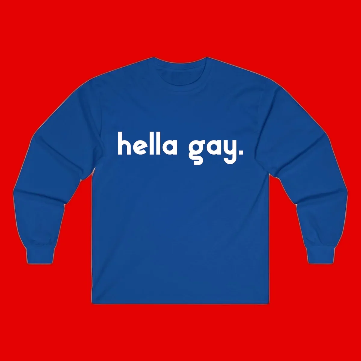 Minimalist hella gay pride design with bold white text on gray background