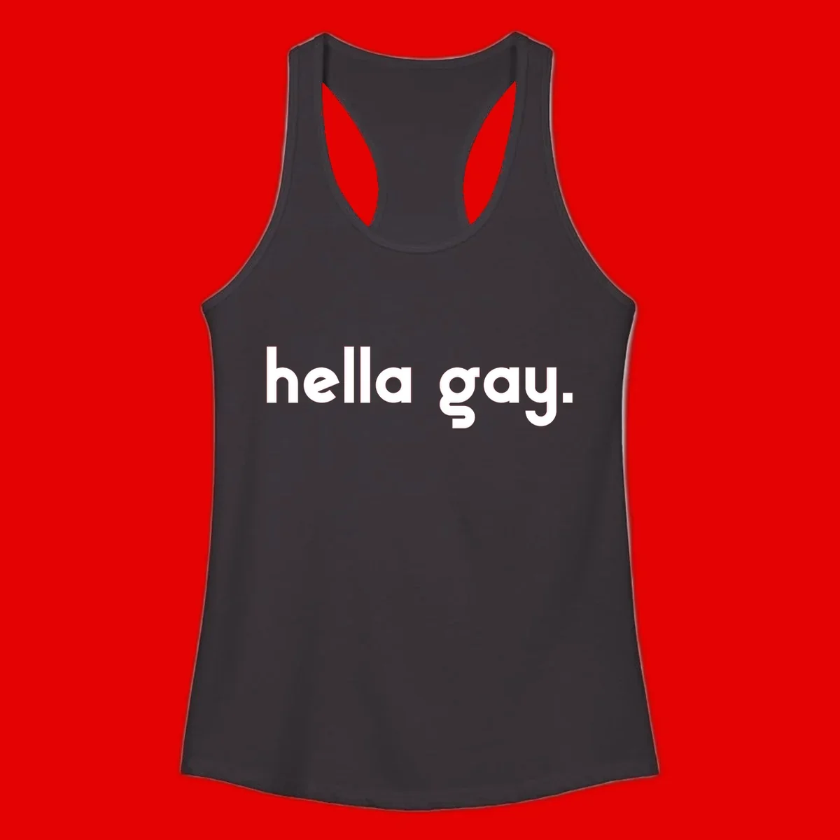 Minimalist hella gay pride design with bold white text on gray background
