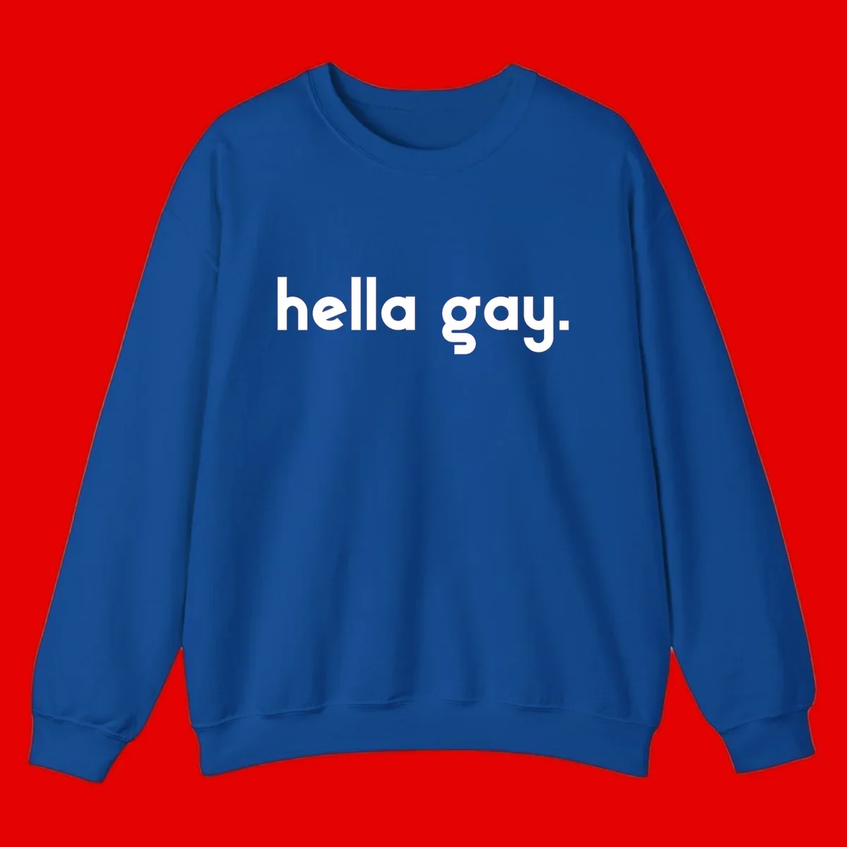 Minimalist hella gay pride design with bold white text on gray background