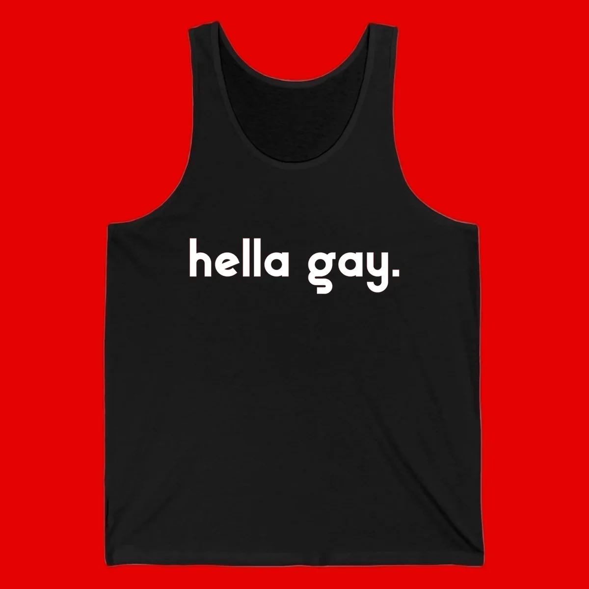 Minimalist hella gay pride design with bold white text on gray background