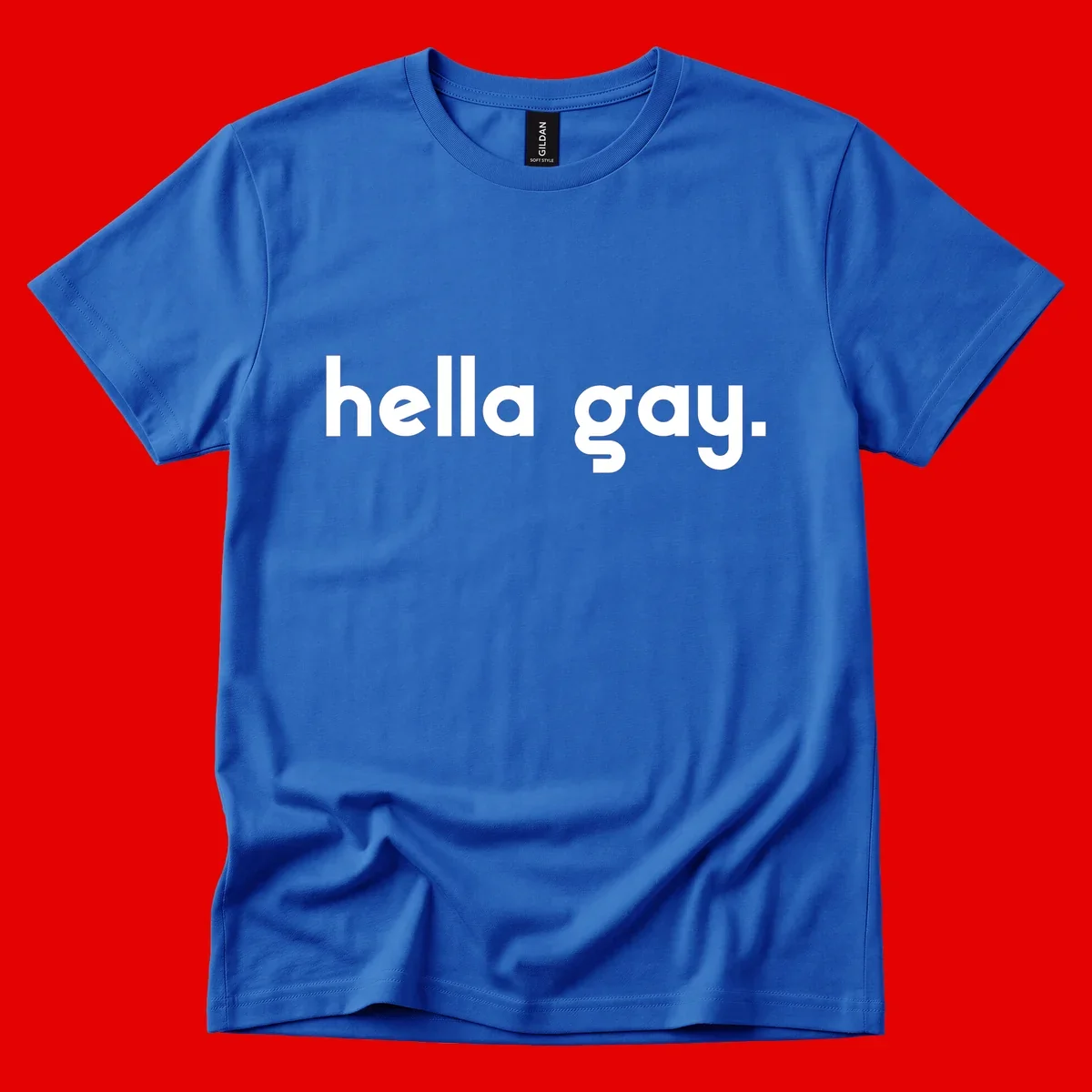 Minimalist hella gay pride design with bold white text on gray background