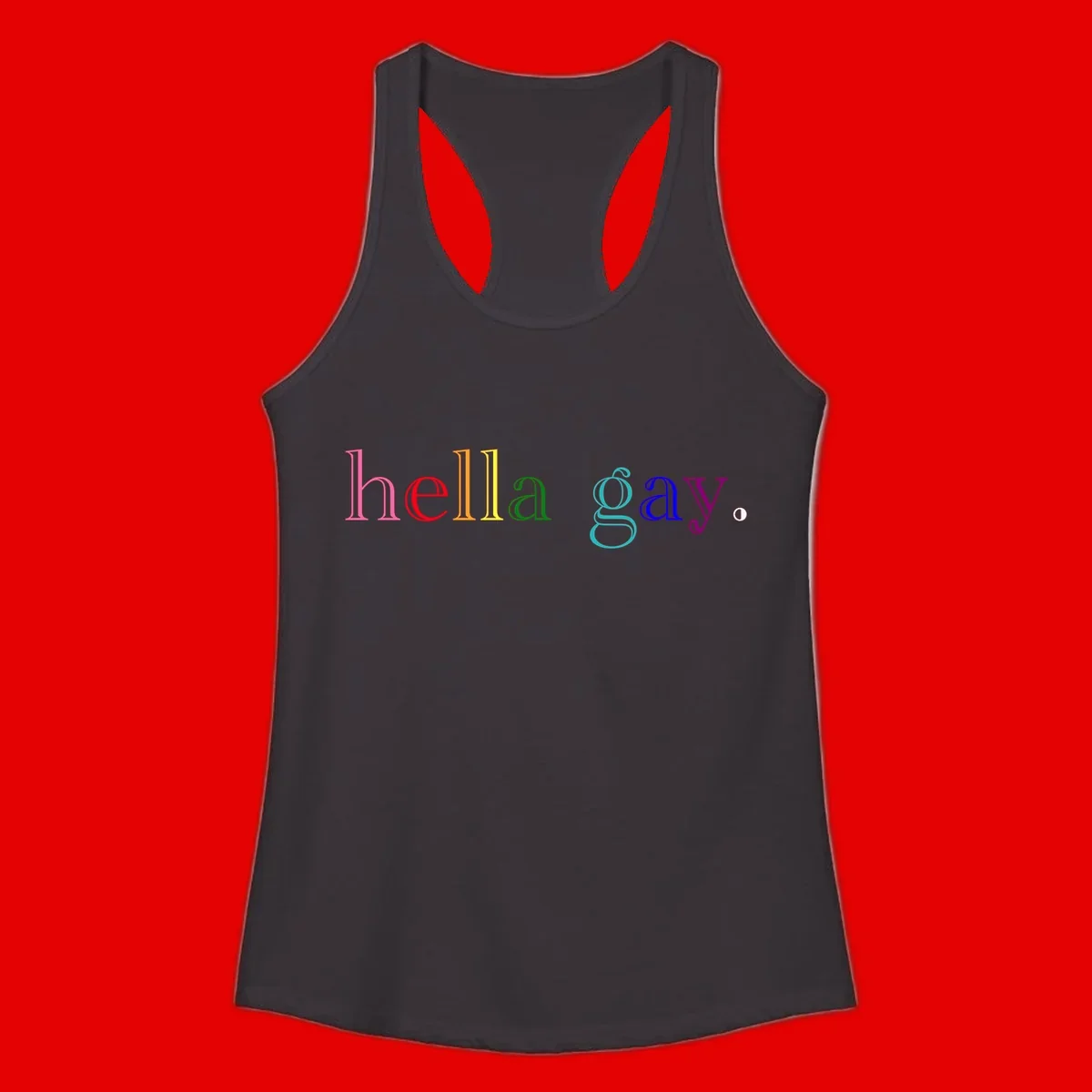 Rainbow colored 'hello gay' text design with each letter in different Pride colors including pink, red, orange, yellow, green, cyan, and blue