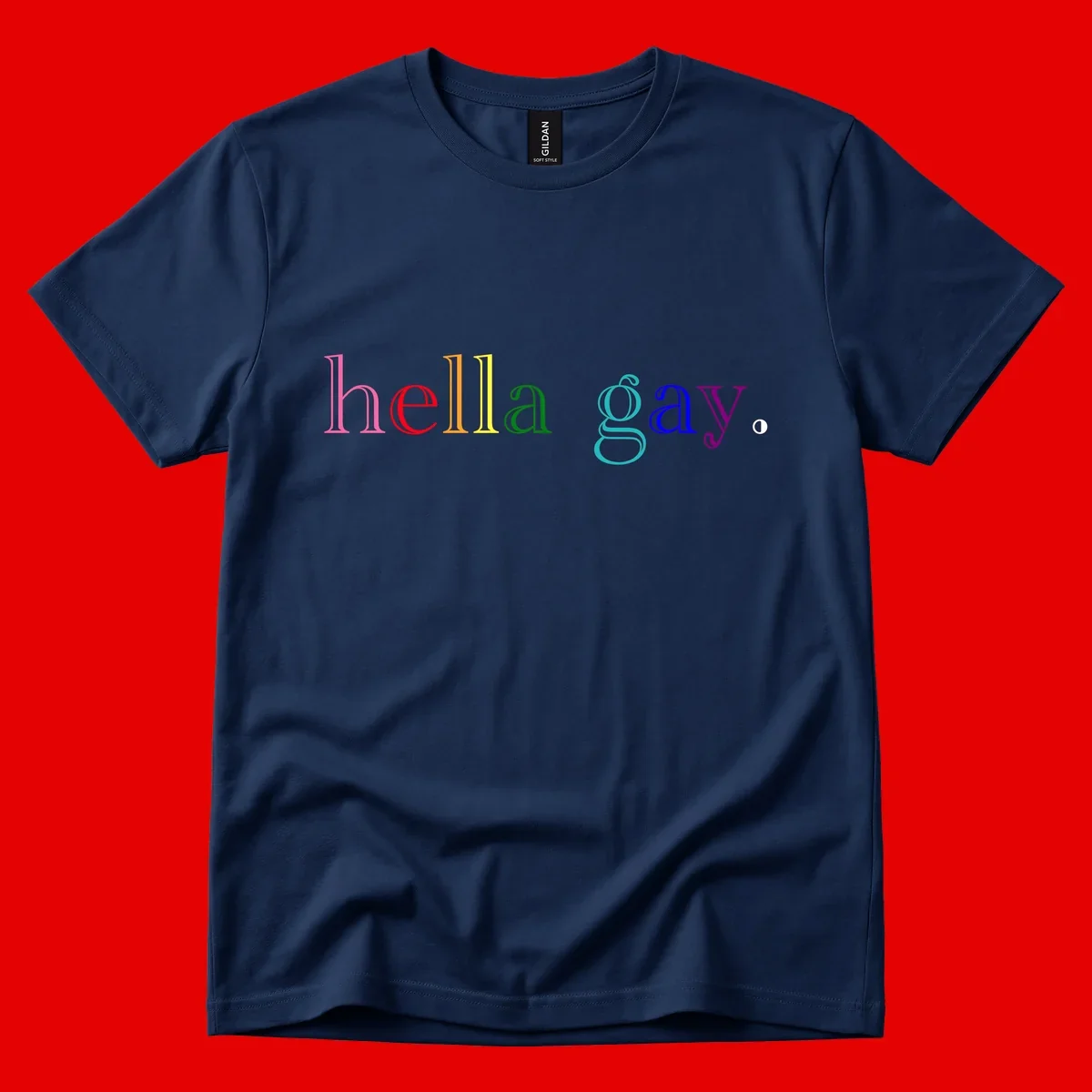 Rainbow colored 'hello gay' text design with each letter in different Pride colors including pink, red, orange, yellow, green, cyan, and blue