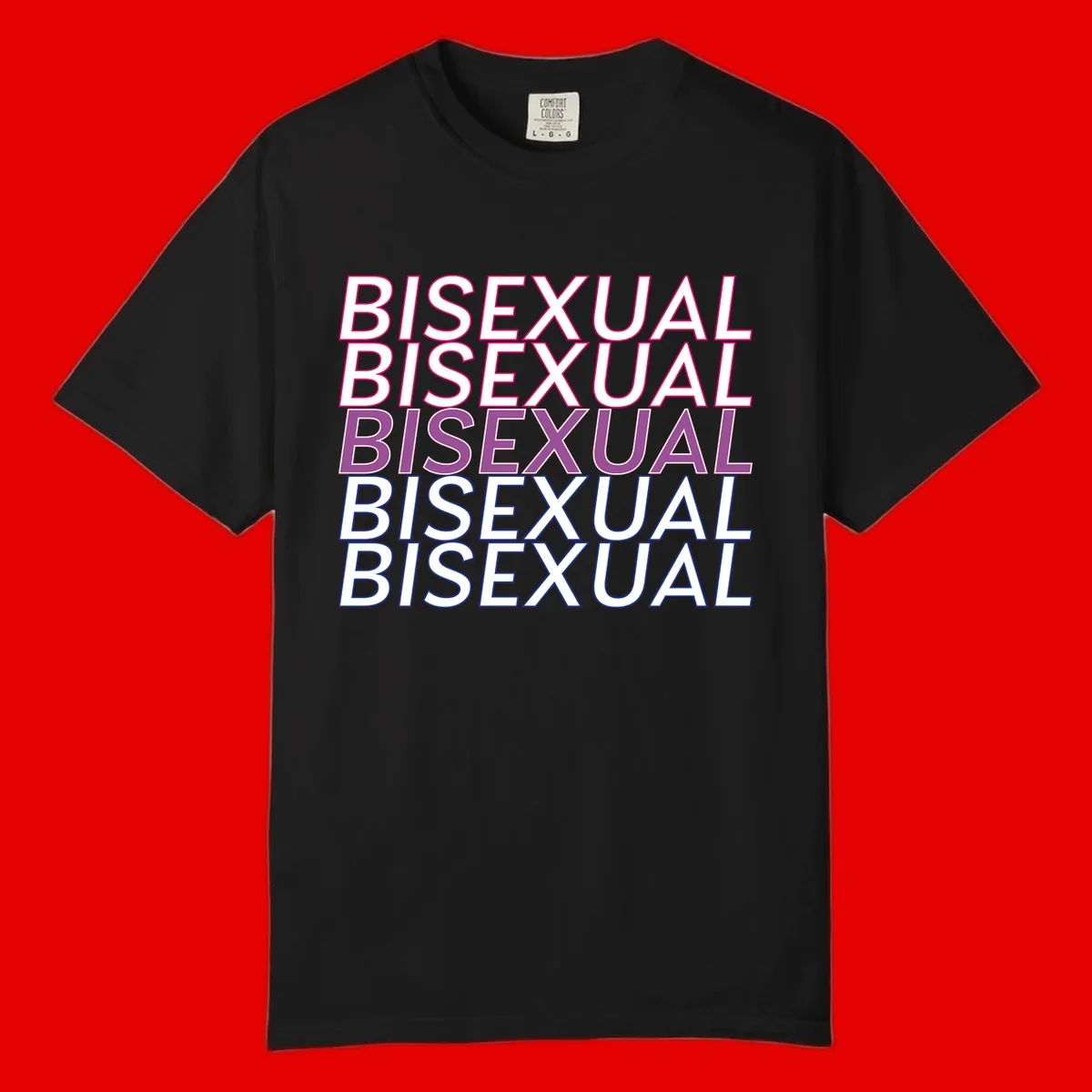Bisexual pride flag design with the word 'BISEXUAL' repeated four times in stacked magenta, purple, and blue outlined letters