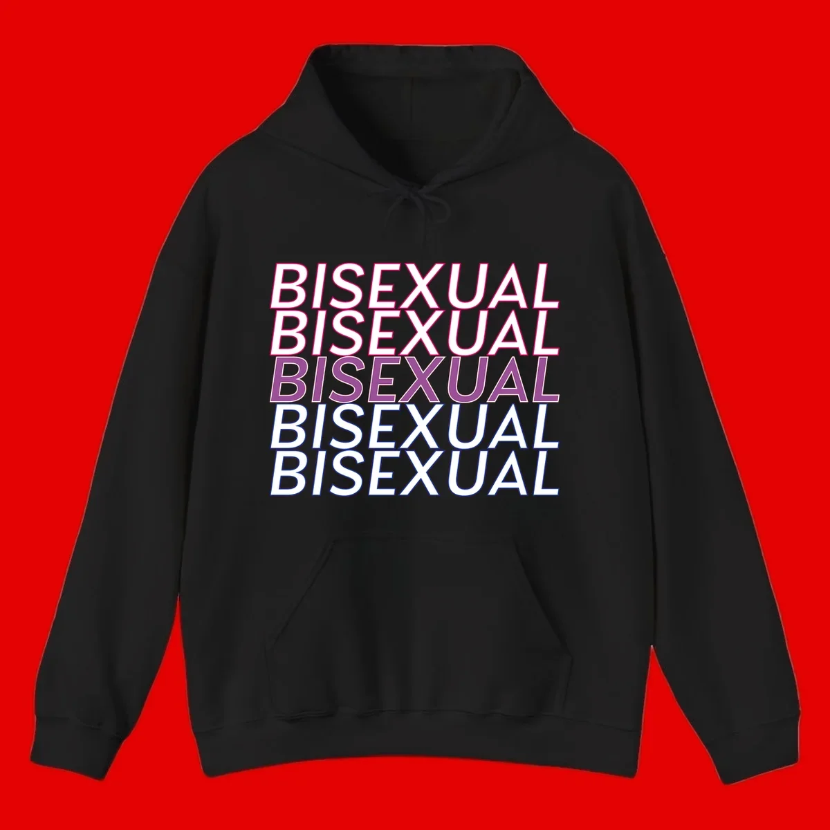 Bisexual pride flag design with the word 'BISEXUAL' repeated four times in stacked magenta, purple, and blue outlined letters