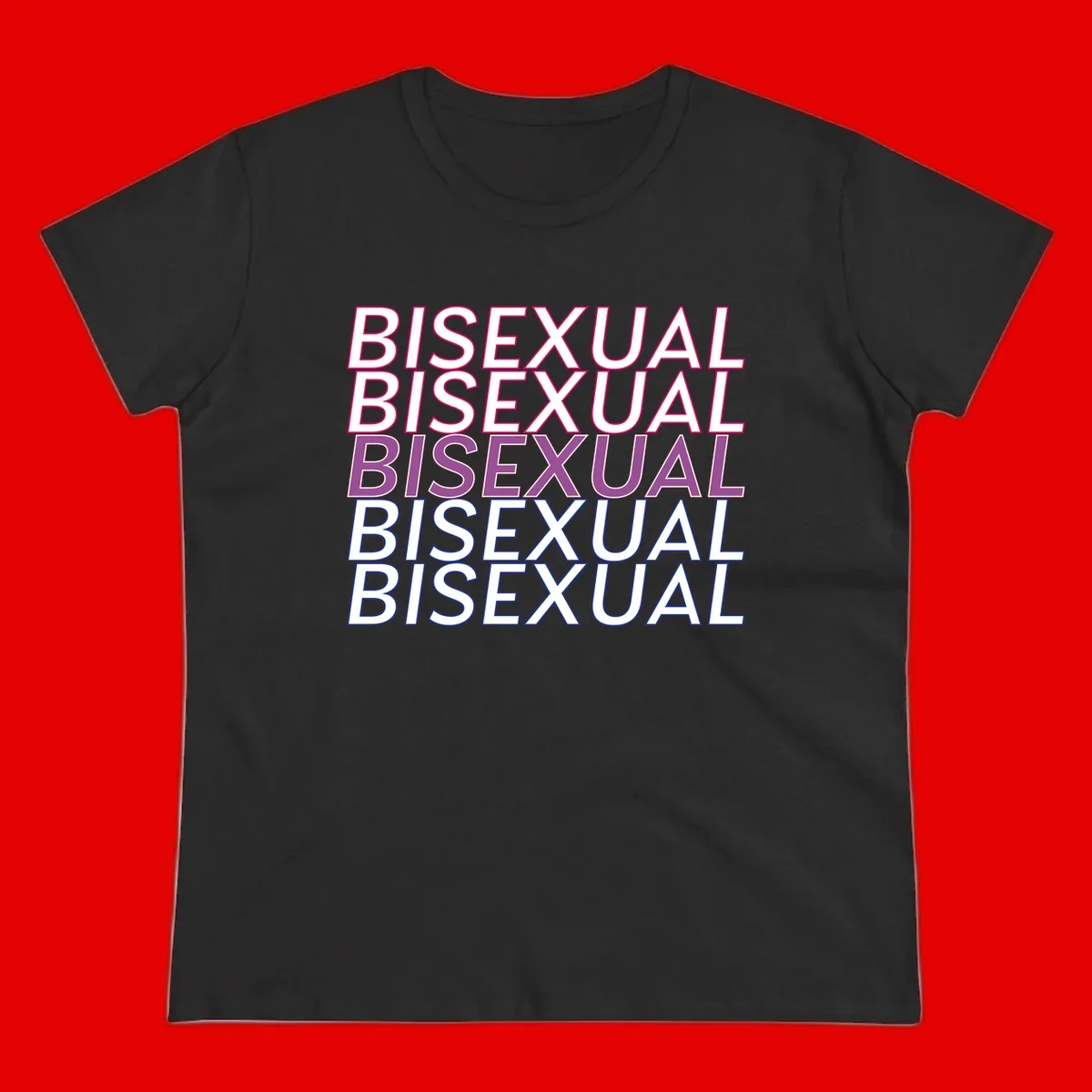 Bisexual pride flag design with the word 'BISEXUAL' repeated four times in stacked magenta, purple, and blue outlined letters