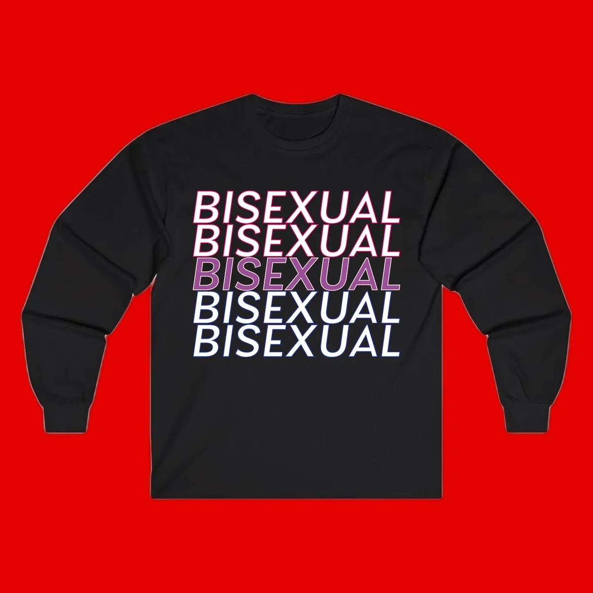 Bisexual pride flag design with the word 'BISEXUAL' repeated four times in stacked magenta, purple, and blue outlined letters