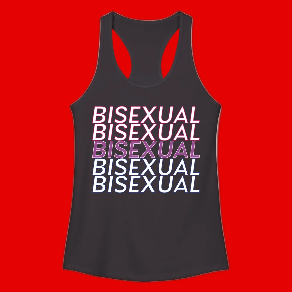 Bisexual pride flag design with the word 'BISEXUAL' repeated four times in stacked magenta, purple, and blue outlined letters