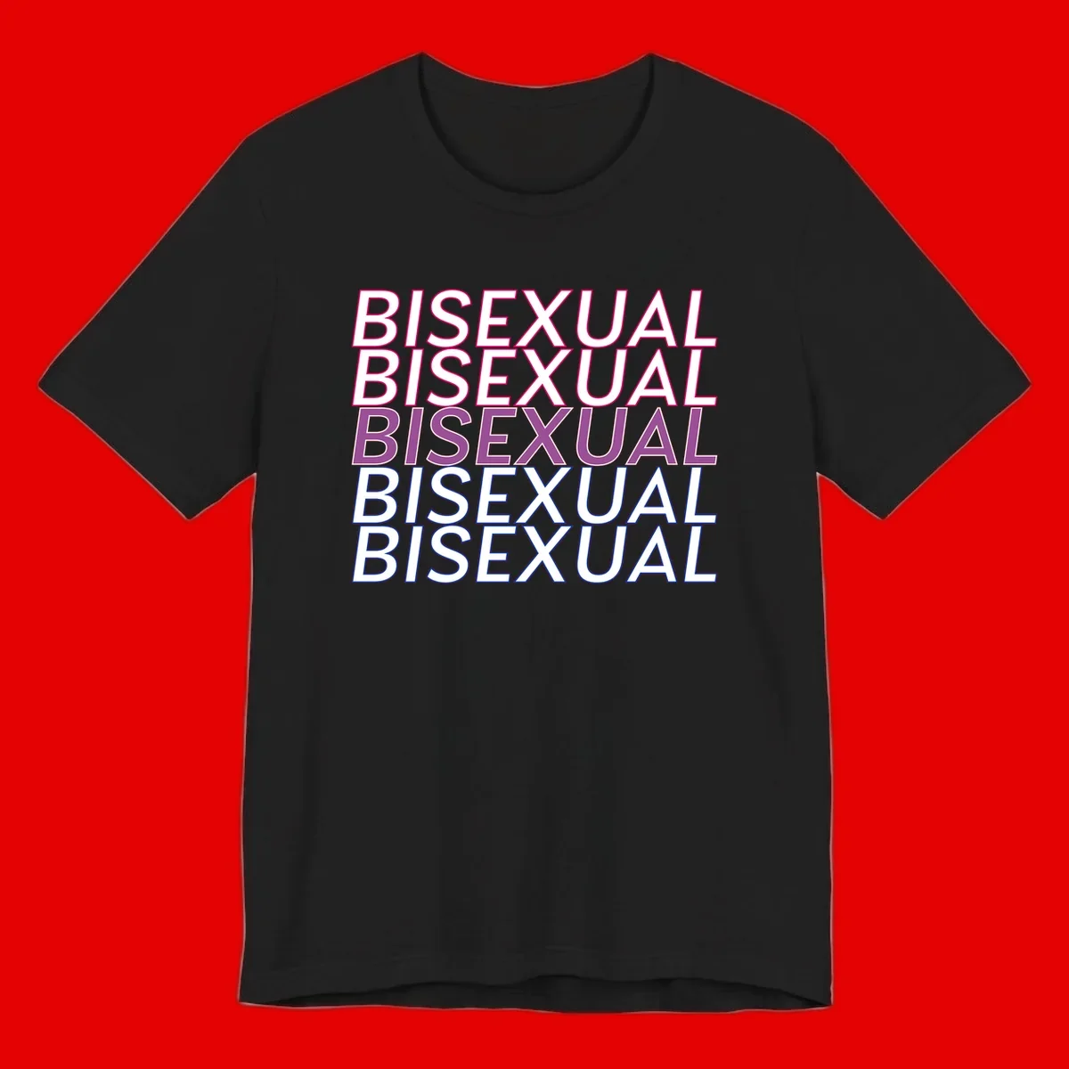 Bisexual pride flag design with the word 'BISEXUAL' repeated four times in stacked magenta, purple, and blue outlined letters