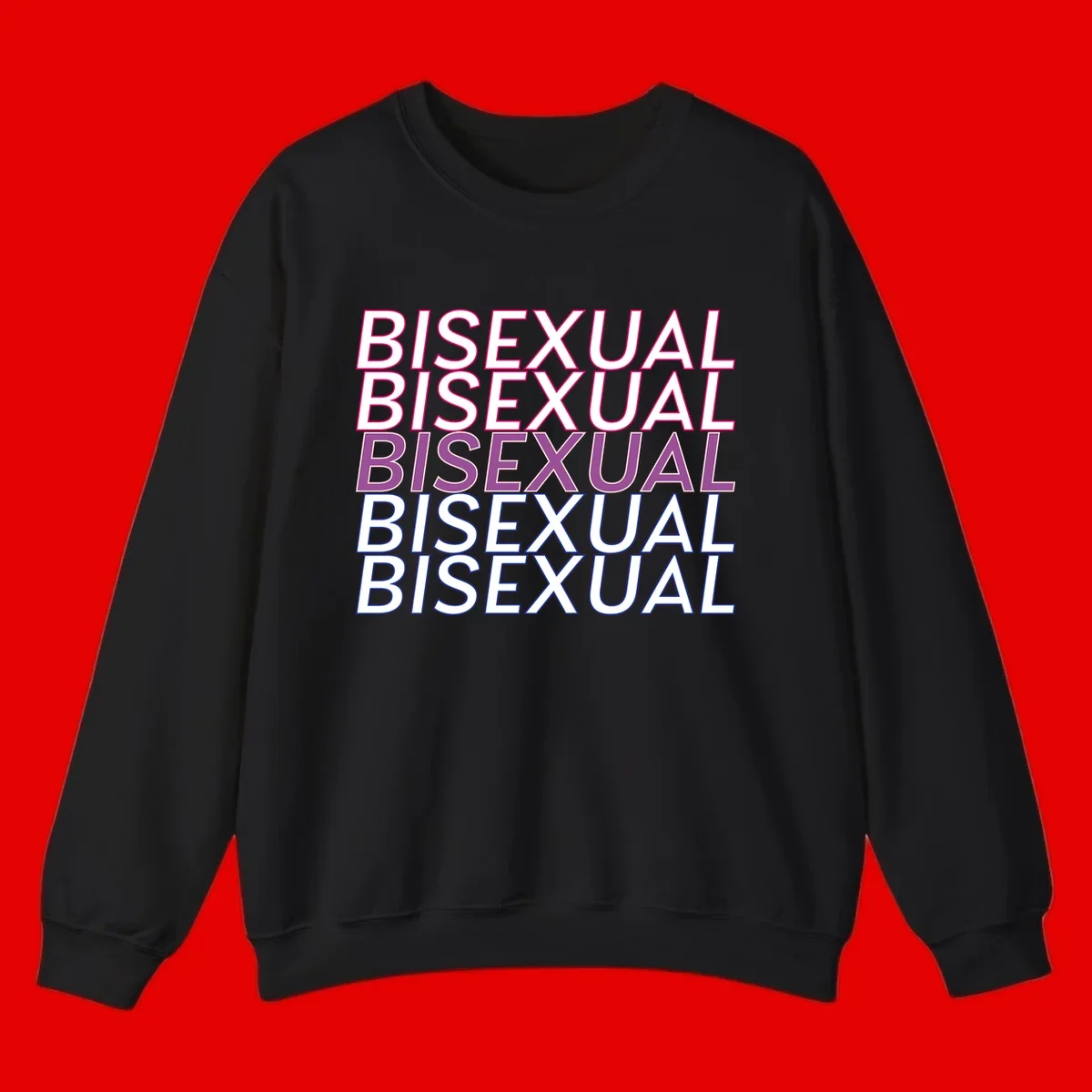 Bisexual pride flag design with the word 'BISEXUAL' repeated four times in stacked magenta, purple, and blue outlined letters