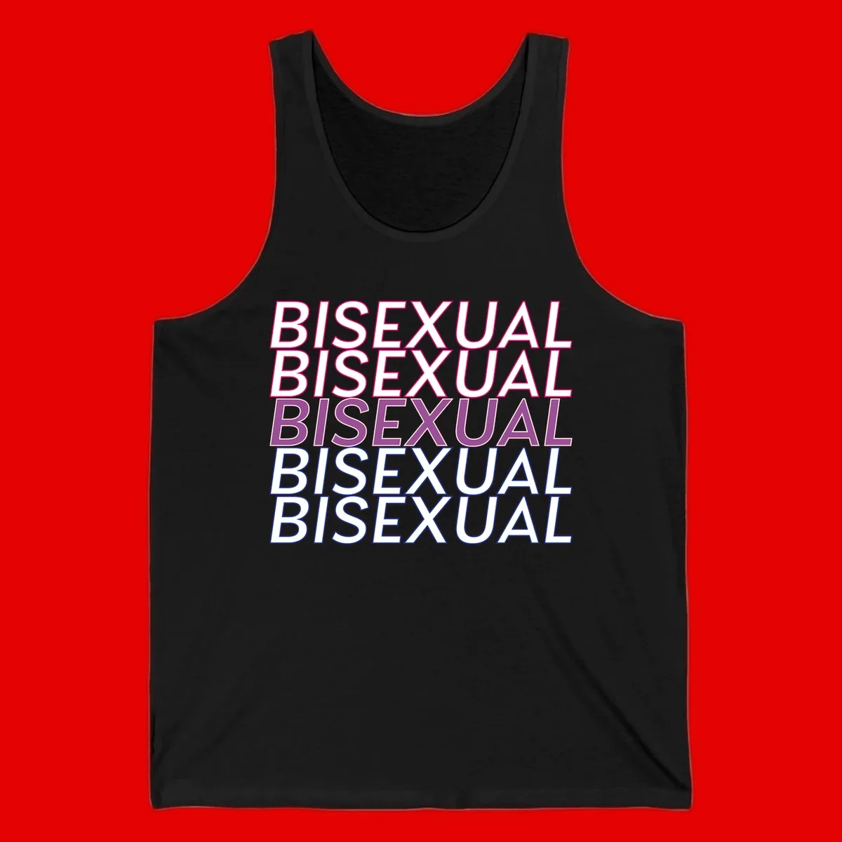 Bisexual pride flag design with the word 'BISEXUAL' repeated four times in stacked magenta, purple, and blue outlined letters