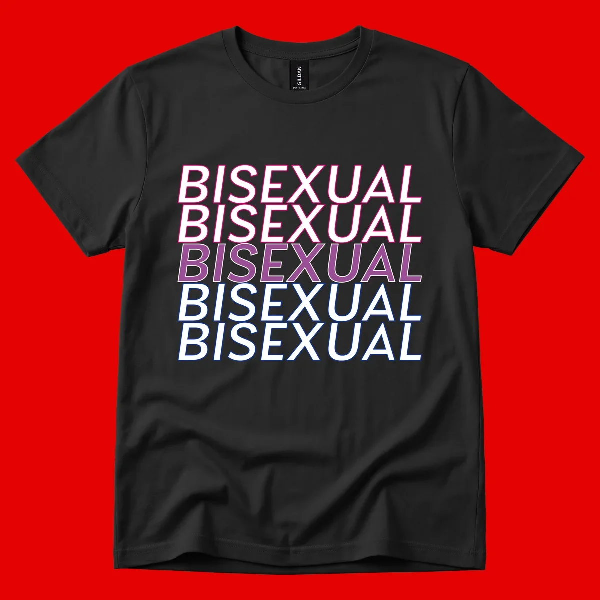 Bisexual pride flag design with the word 'BISEXUAL' repeated four times in stacked magenta, purple, and blue outlined letters
